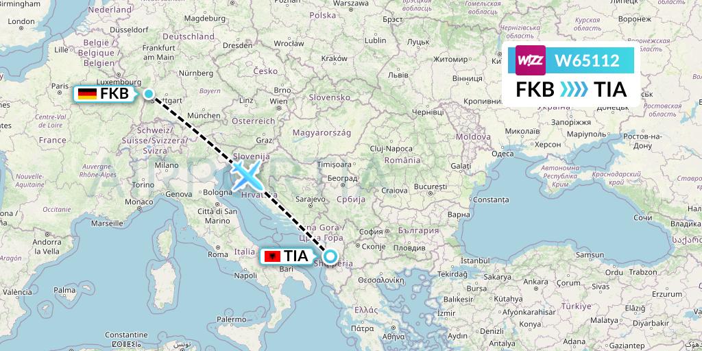 W65112 Wizz Air Flight Map: Karlsruhe/Baden-Baden to Tirana