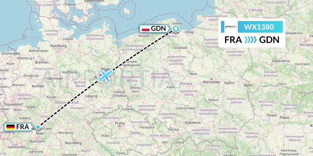 WX1380 Cityjet Flight Map: Frankfurt to Gdansk
