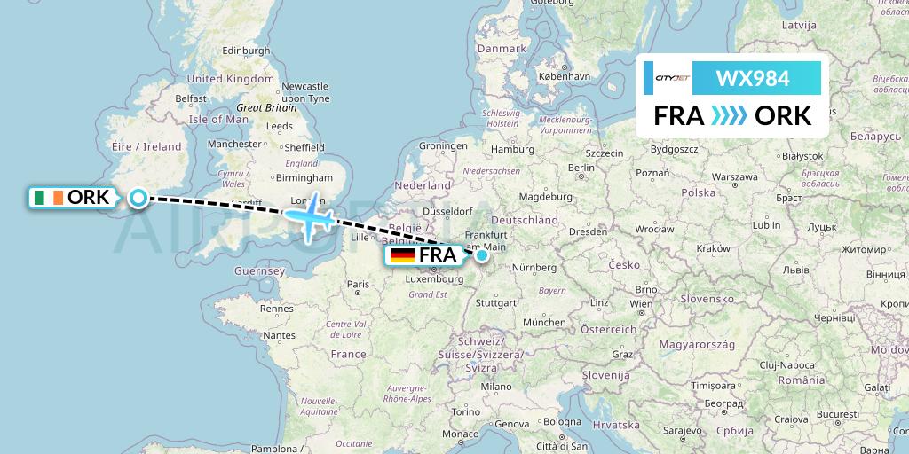 WX984 Cityjet Flight Map: Frankfurt to Cork