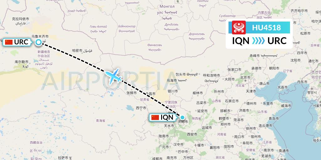 HU4518 Hainan Airlines Flight Map: Qingyang to Urumqi