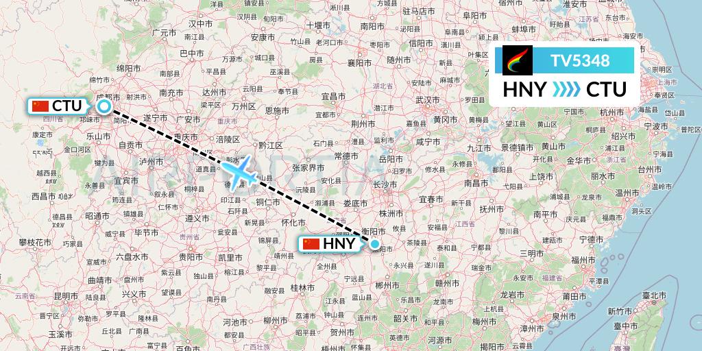 TV5348 Tibet Airlines Flight Map: Hengyang to Chengdu