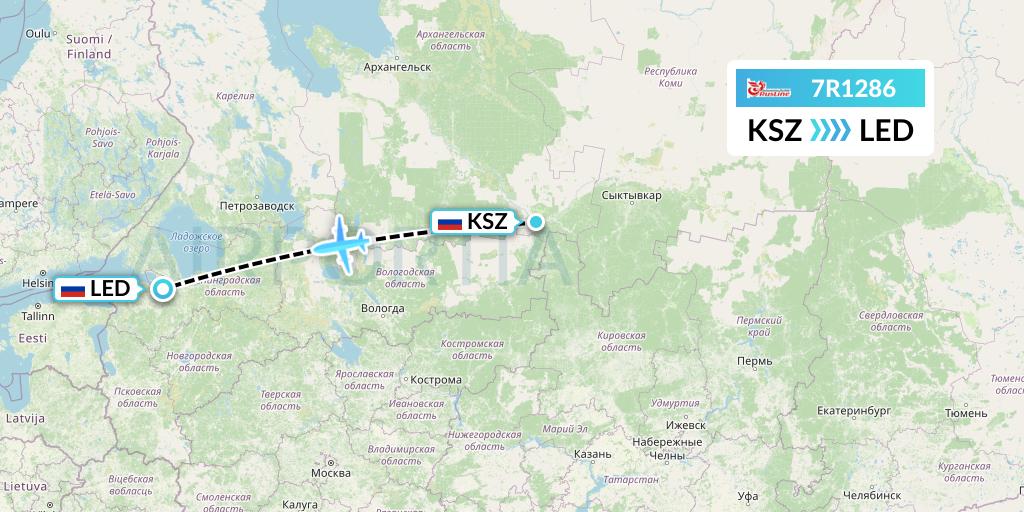 7R1286 Rusline Flight Map: Kotlas to St. Petersburg