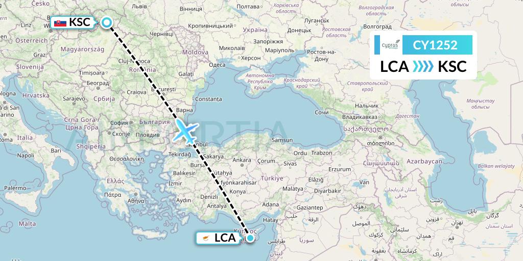 CY1252 Cyprus Airways Flight Map: Larnaca to Kosice
