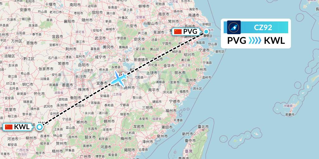 CZ92 China Southern Airlines Flight Map: Shanghai to Guilin