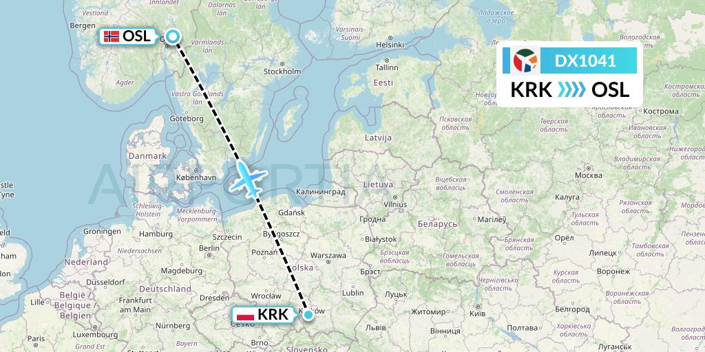 DX1041 Danish Air Transport Flight Map: Krakow to Oslo