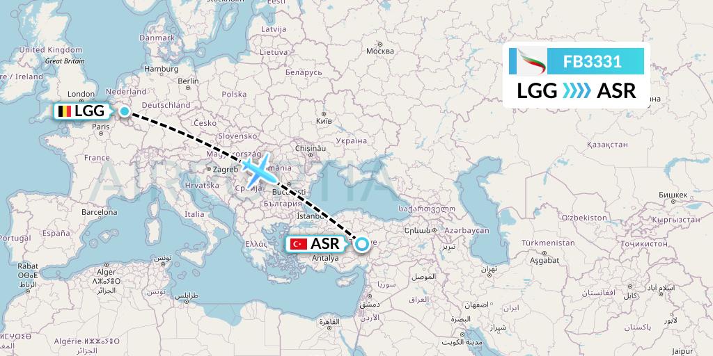 FB3331 Bulgaria Air Flight Map: Liege to Kayseri
