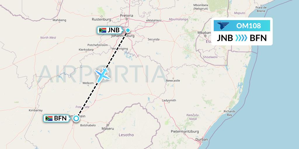OM108 MIAT Mongolian Airlines Flight Map: Johannesburg to Bloemfontein