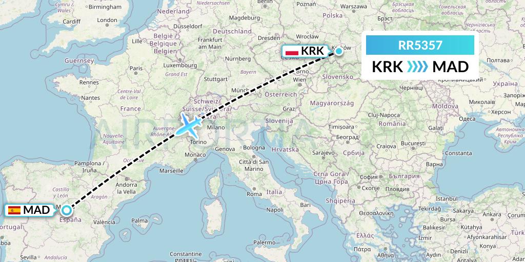 RR5357 Royal Air Force Flight Map: Krakow to Madrid