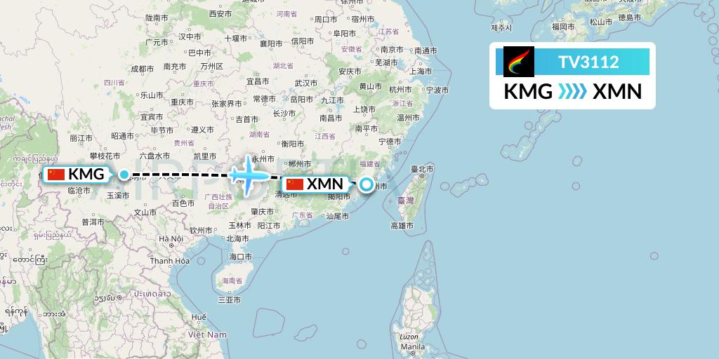 TV3112 Tibet Airlines Flight Map: Kunming to Xiamen