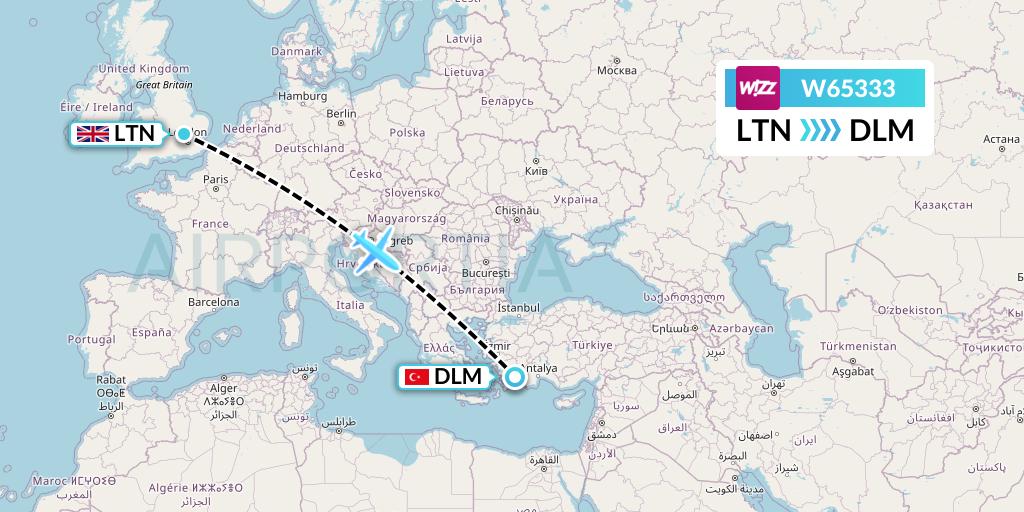 W65333 Wizz Air Flight Map: London to Dalaman