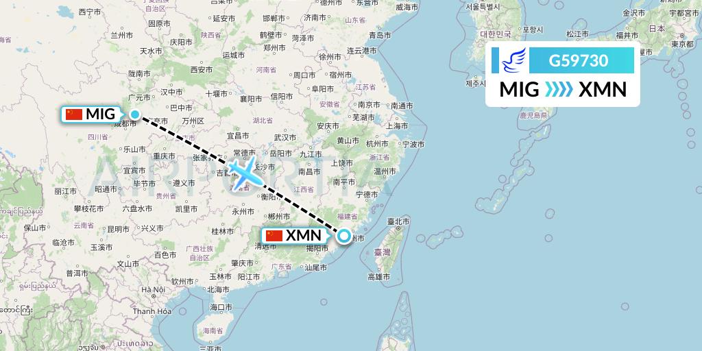 G59730 China Express Airlines Flight Map: Mianyang to Xiamen
