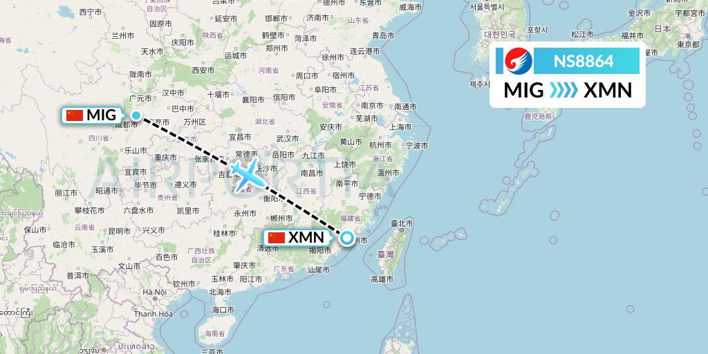 NS8864 Hebei Airlines Flight Map: Mianyang to Xiamen