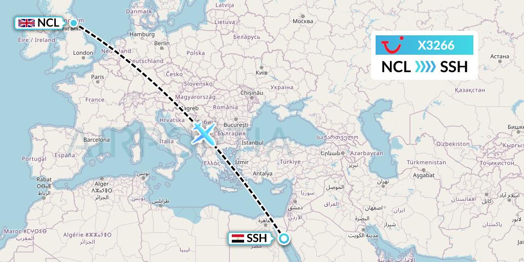 X3266 TUI fly Germany Flight Map: Newcastle to Sharm el-Sheikh
