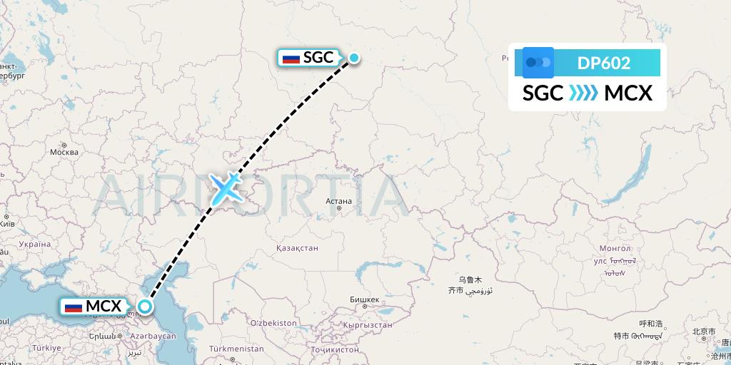 DP602 Pobeda Flight Map: Surgut to Makhachkala