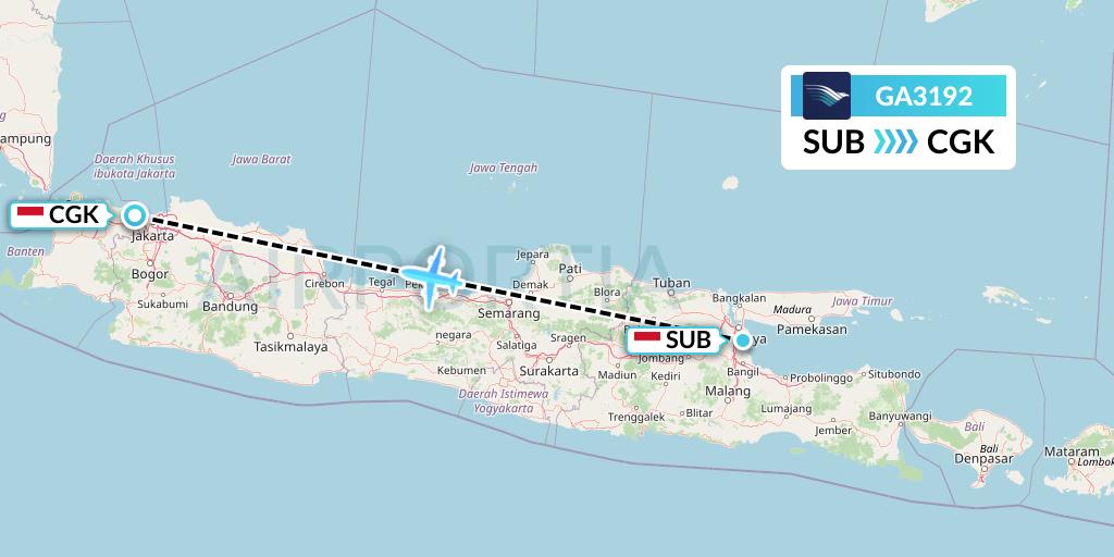 GA3192 Garuda Indonesia Flight Map: Surabaya to Jakarta