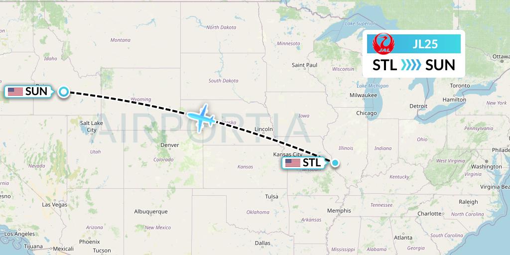 JL25 Japan Airlines Flight Map: St. Louis to Hailey