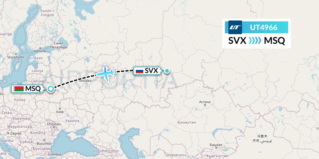 UT4966 UTair Flight Map: Yekaterinburg to Minsk