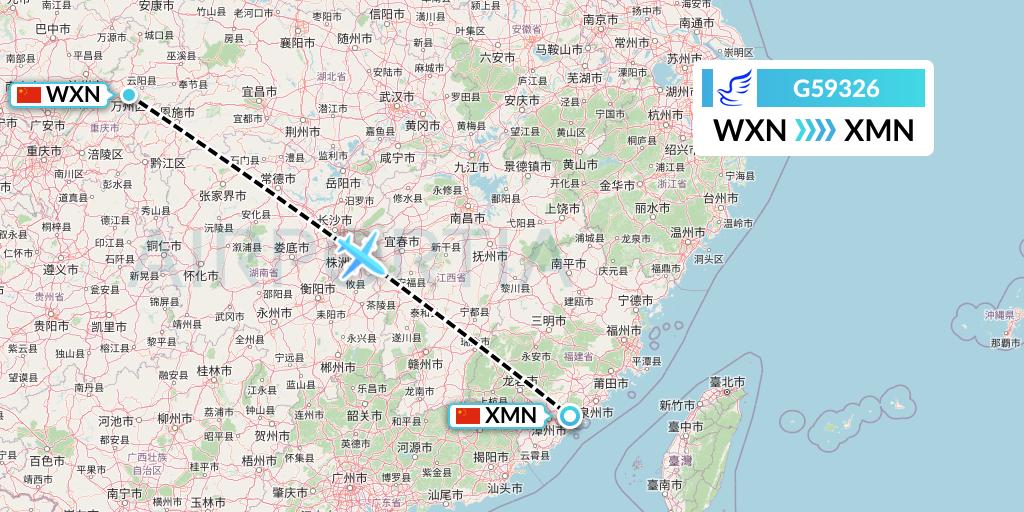 G59326 China Express Airlines Flight Map: Wanzhou to Xiamen