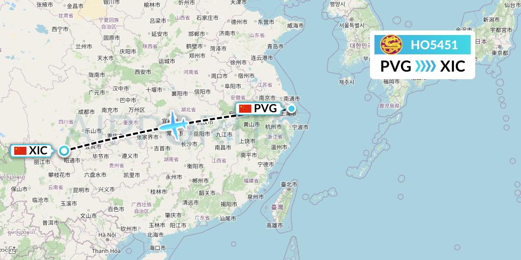 HO5451 Juneyao Airlines Flight Map: Shanghai to Xichang