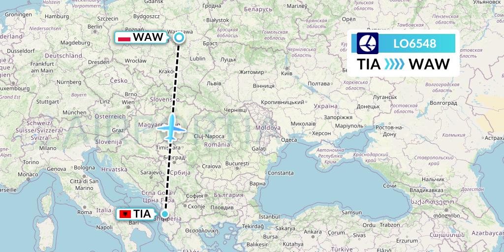 LO6548 LOT Flight Map: Tirana to Warsaw