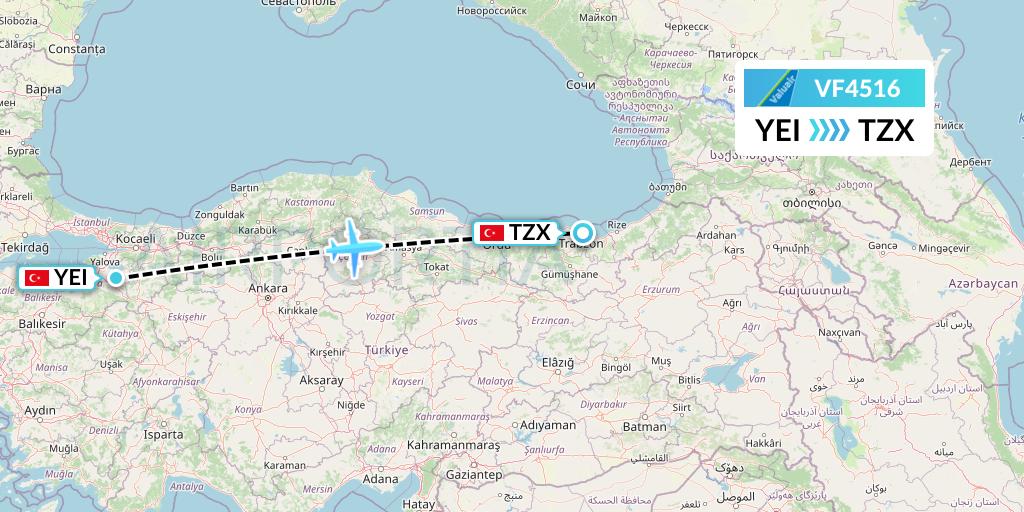 VF4516 ValuAir Flight Map: Bursa to Trabzon