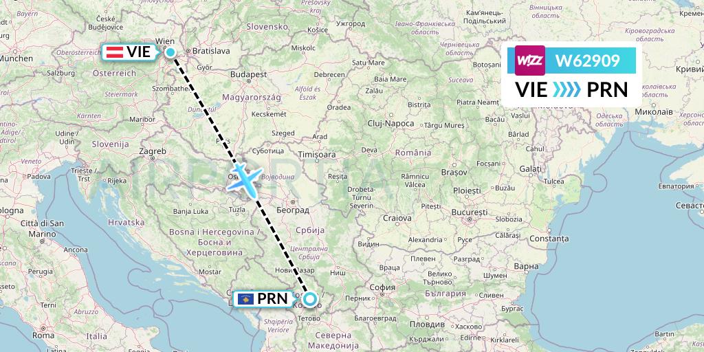 W62909 Wizz Air Flight Map: Vienna to Pristina