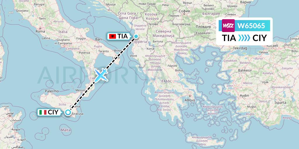 W65065 Wizz Air Flight Map: Tirana to Comiso