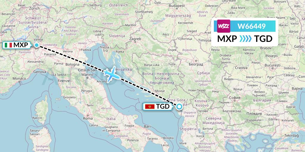 W66449 Wizz Air Flight Map: Milan to Podgorica