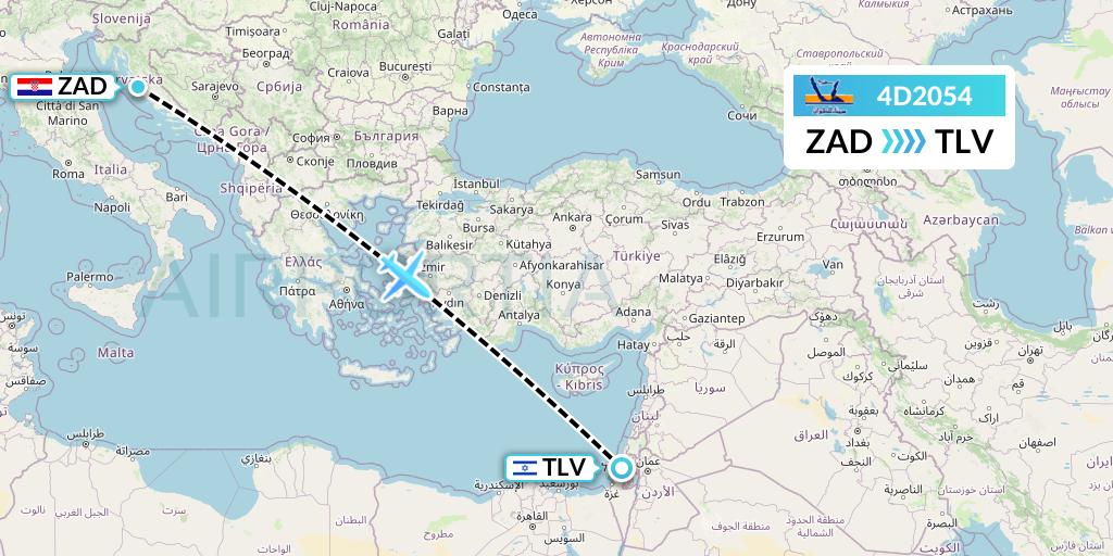 4D2054 Air Sinai Flight Map: Zadar to Tel Aviv