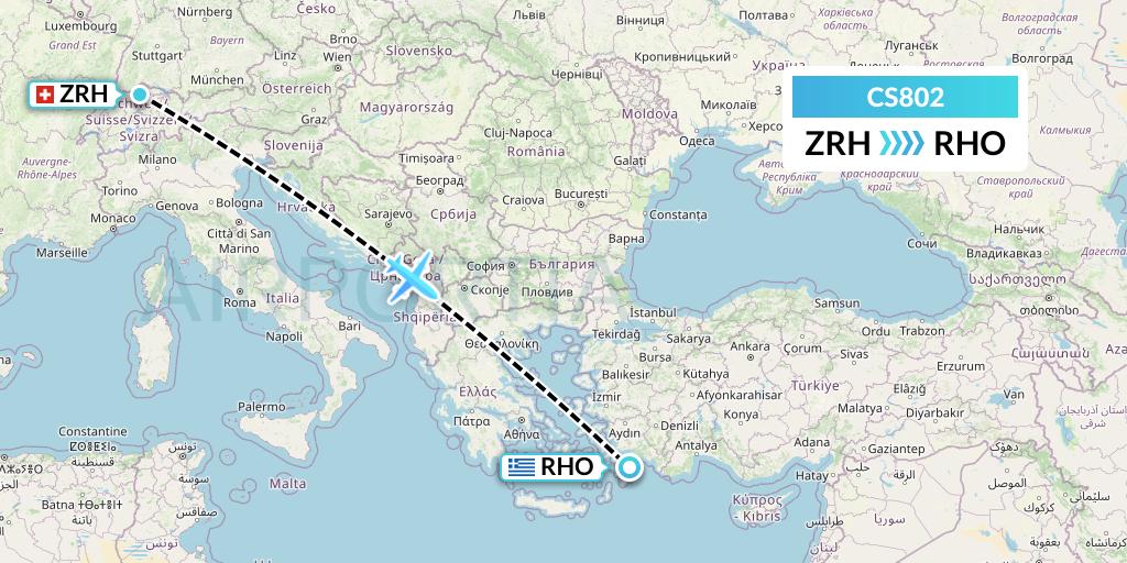 CS802 Continental Micronesia Flight Map: Zurich to Rhodes