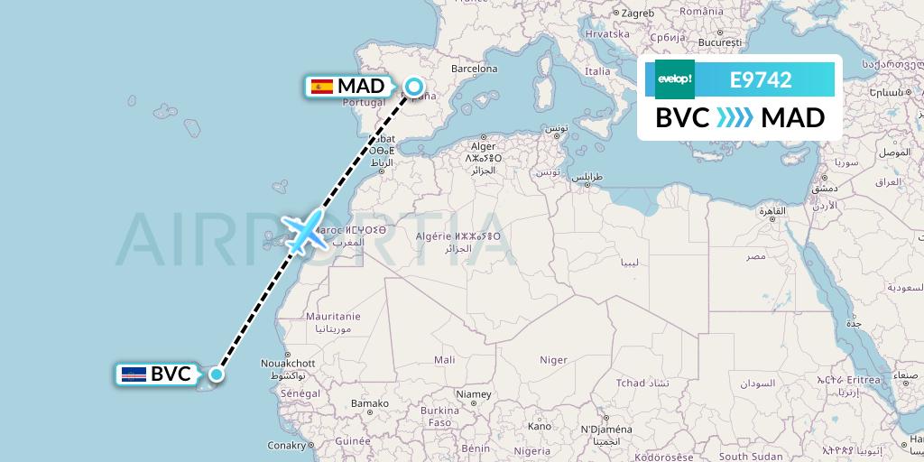 E9742 Evelop Airlines Flight Map: Boa Vista to Madrid