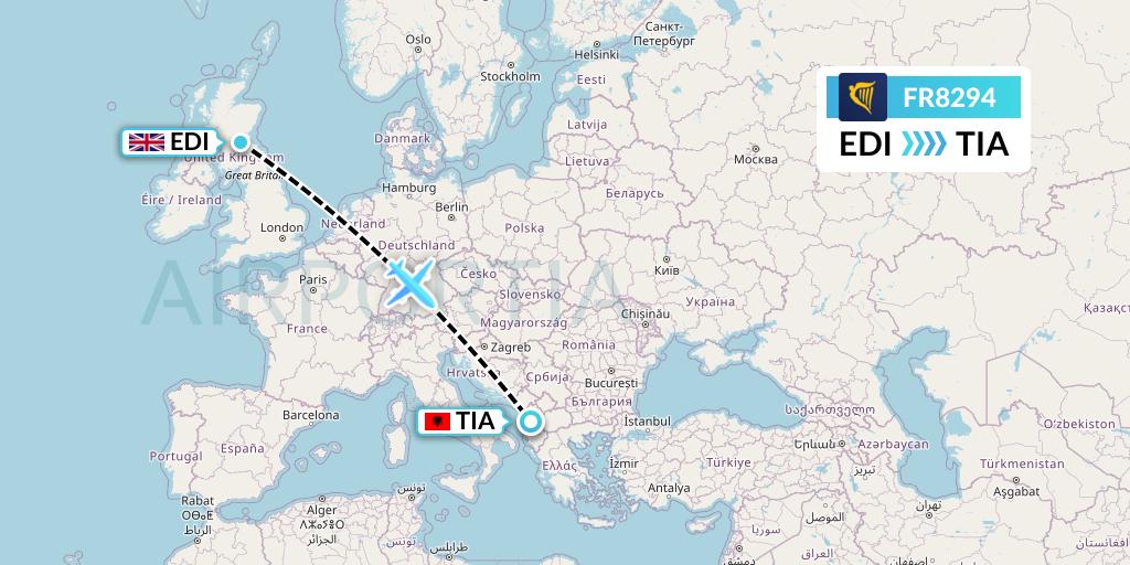 FR8294 Ryanair Flight Map: Edinburgh to Tirana