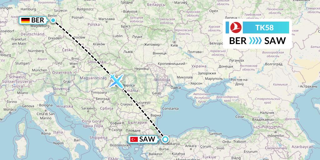 TK58 Turkish Airlines Flight Map: Berlin to Istanbul