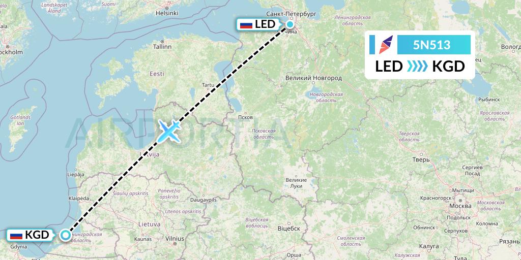5N513 Nordavia Flight Map: St. Petersburg to Kaliningrad