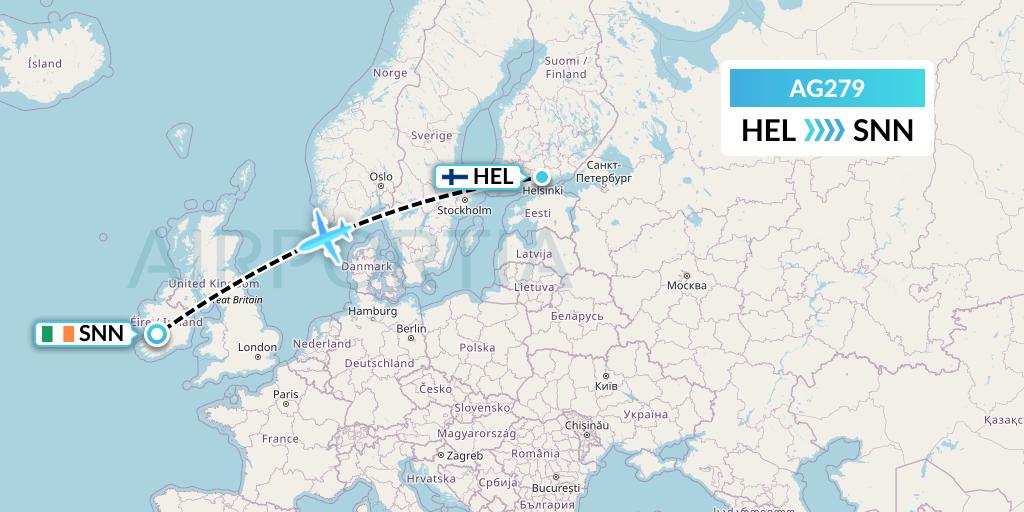 AG279 Aruba Airlines Flight Map: Helsinki to Shannon