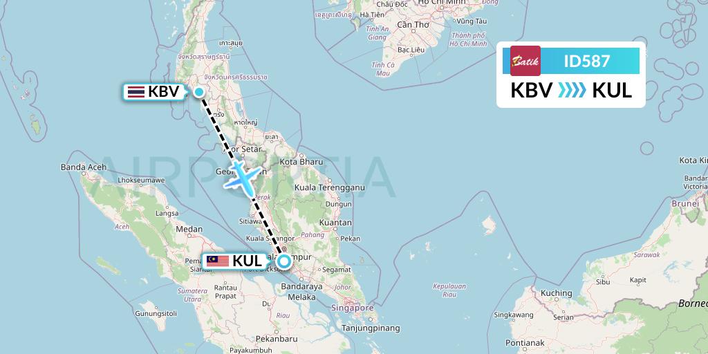 ID587 Batik Air Flight Map: Krabi to Kuala Lumpur