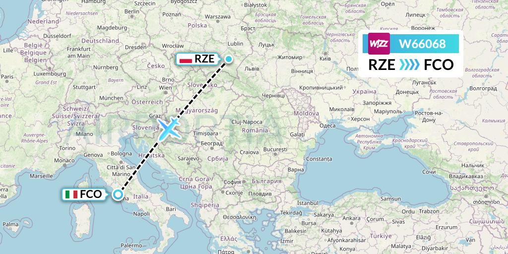 W66068 Wizz Air Flight Map: Rzeszow to Rome