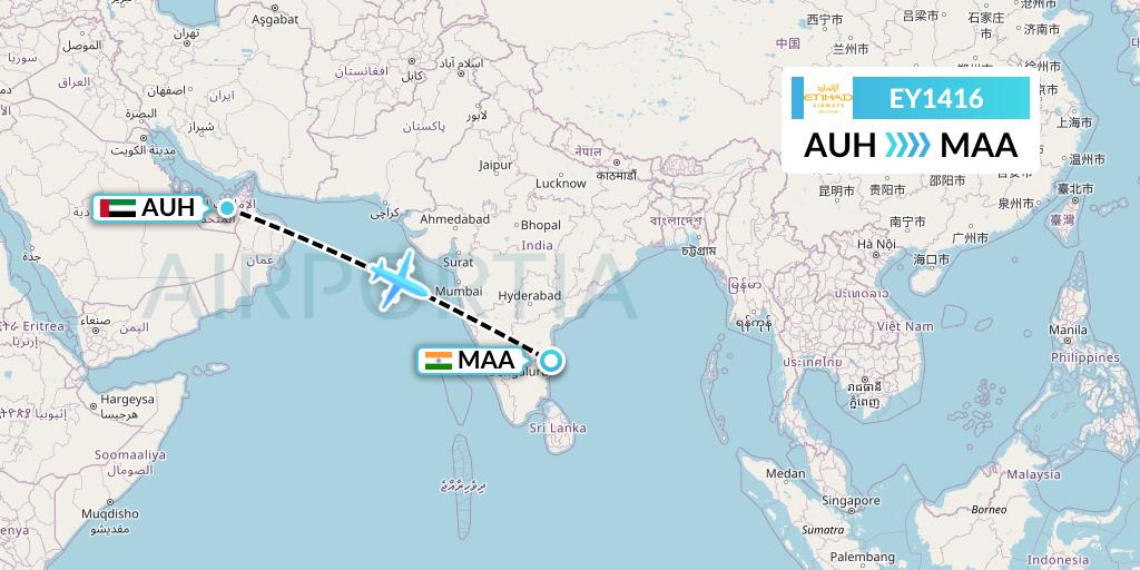 EY1416 Etihad Airways Flight Map: Abu Dhabi to Chennai