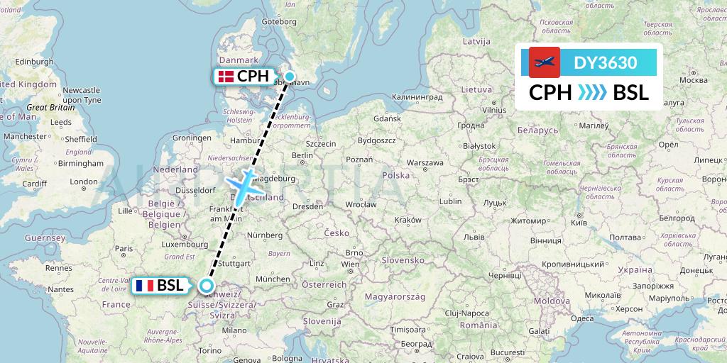 DY3630 Norwegian Flight Map: Copenhagen to Basel
