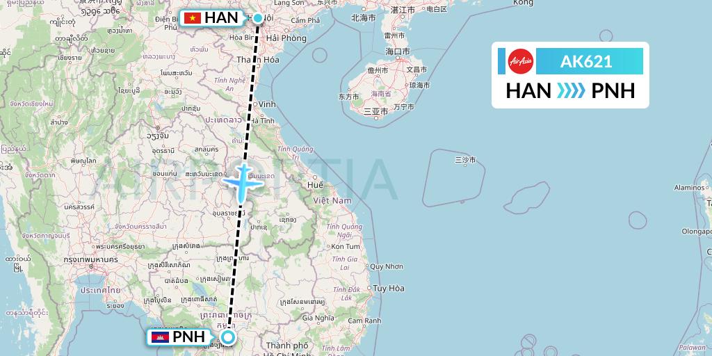 AK621 AirAsia Flight Map: Hanoi to Phnom Penh