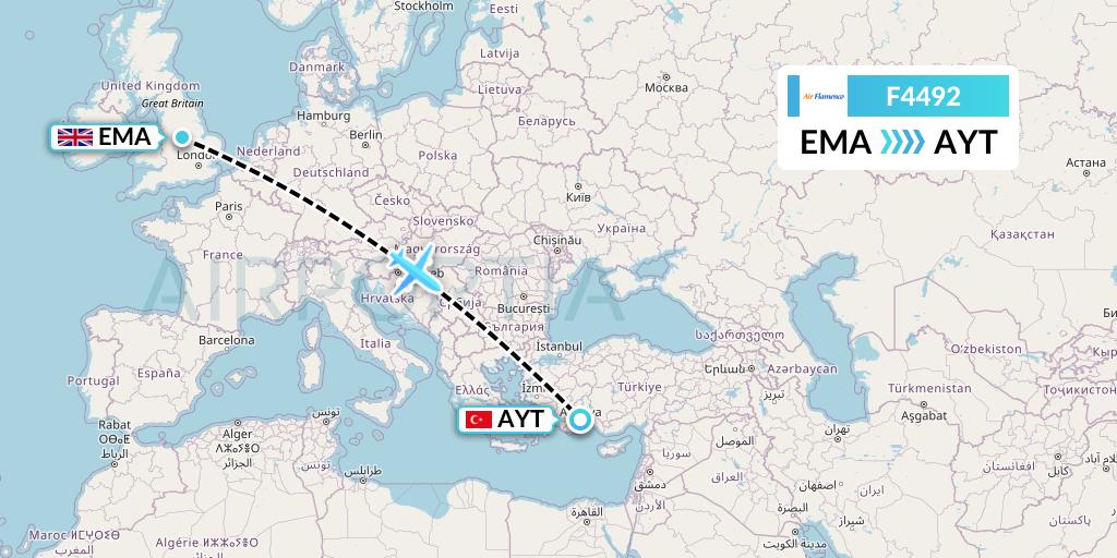 F4492 Air Flamenco Flight Map: East Midlands to Antalya