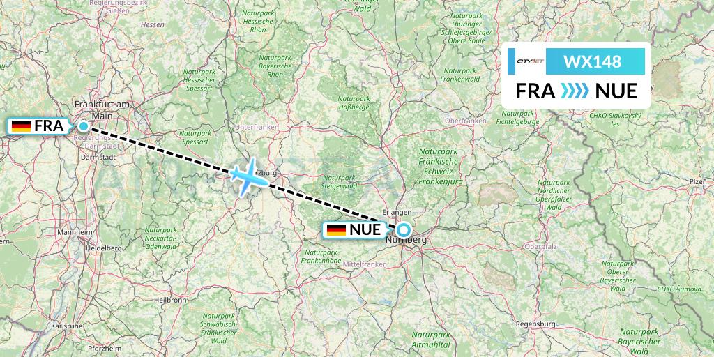 WX148 Cityjet Flight Map: Frankfurt to Nurnberg