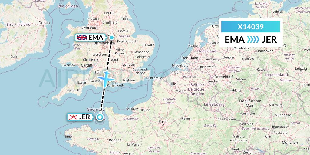 X14039 Nik Airways Flight Map: East Midlands to Jersey