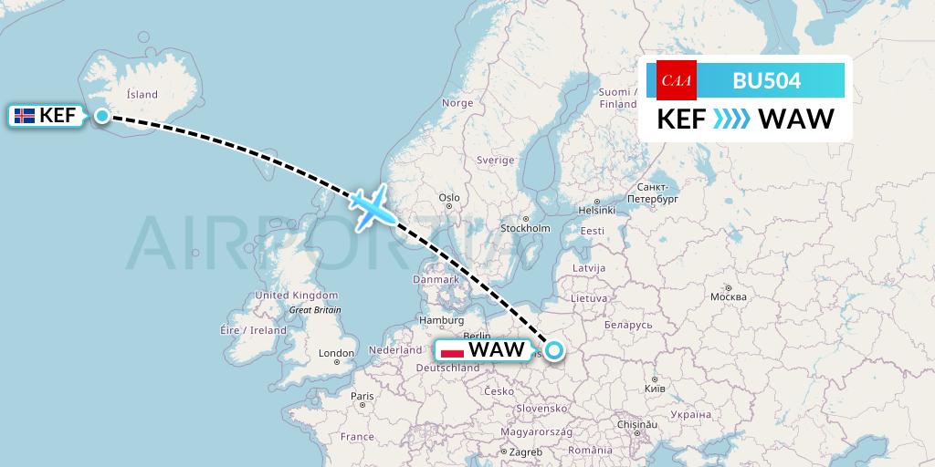 BU504 flyCAA Flight Map: Reykjavik to Warsaw