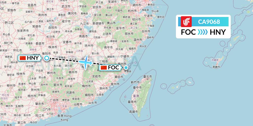 CA9068 Air China Flight Map: Fuzhou to Hengyang