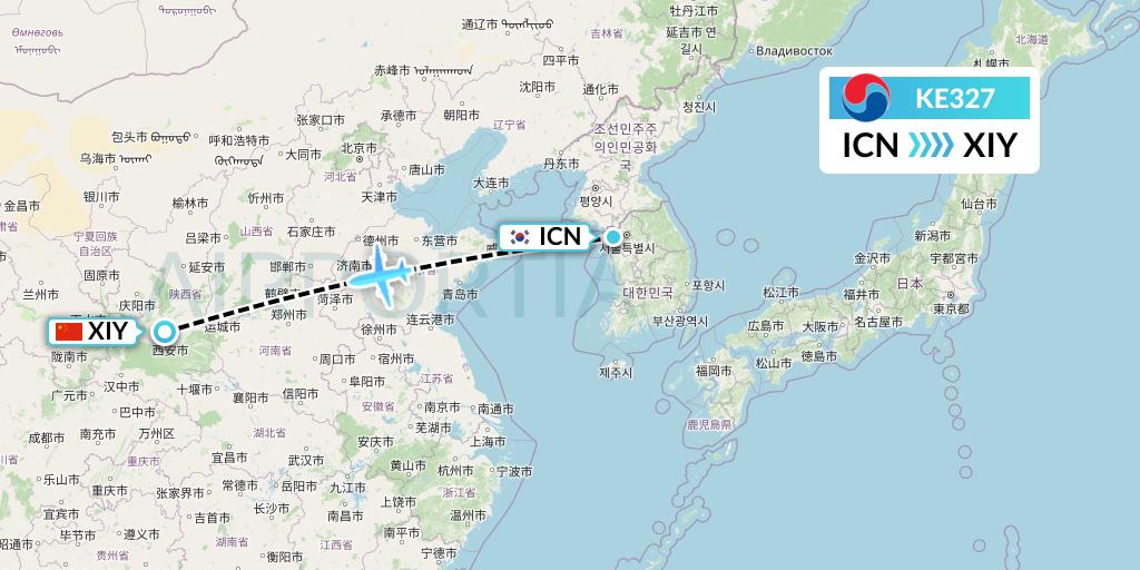 KE327 Korean Air Flight Map: Seoul to Xi'an
