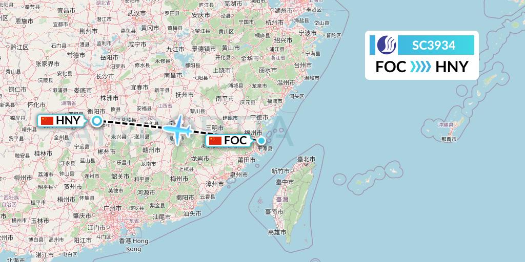 SC3934 Shandong Airlines Flight Map: Fuzhou to Hengyang