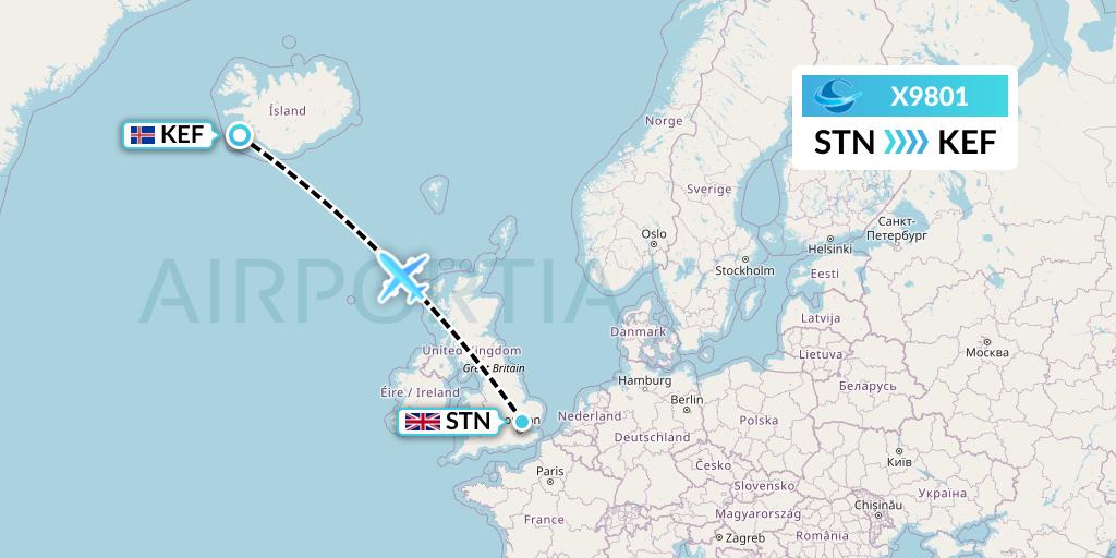 X9801 Avion Express Flight Map: London to Reykjavik