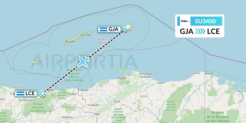 5U3400 TAG Airlines Flight Map: Guanaja to La Ceiba