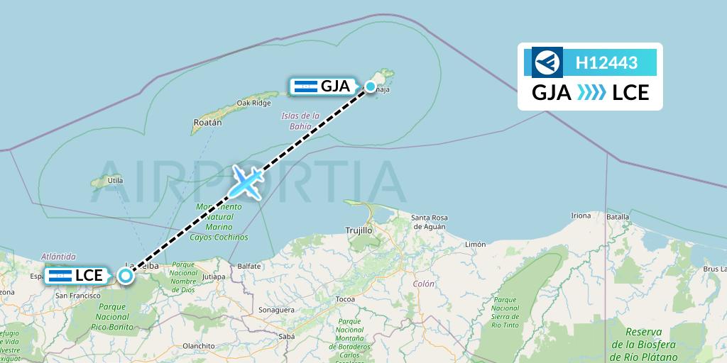 H12443 Hahn Air Systems Flight Map: Guanaja to La Ceiba